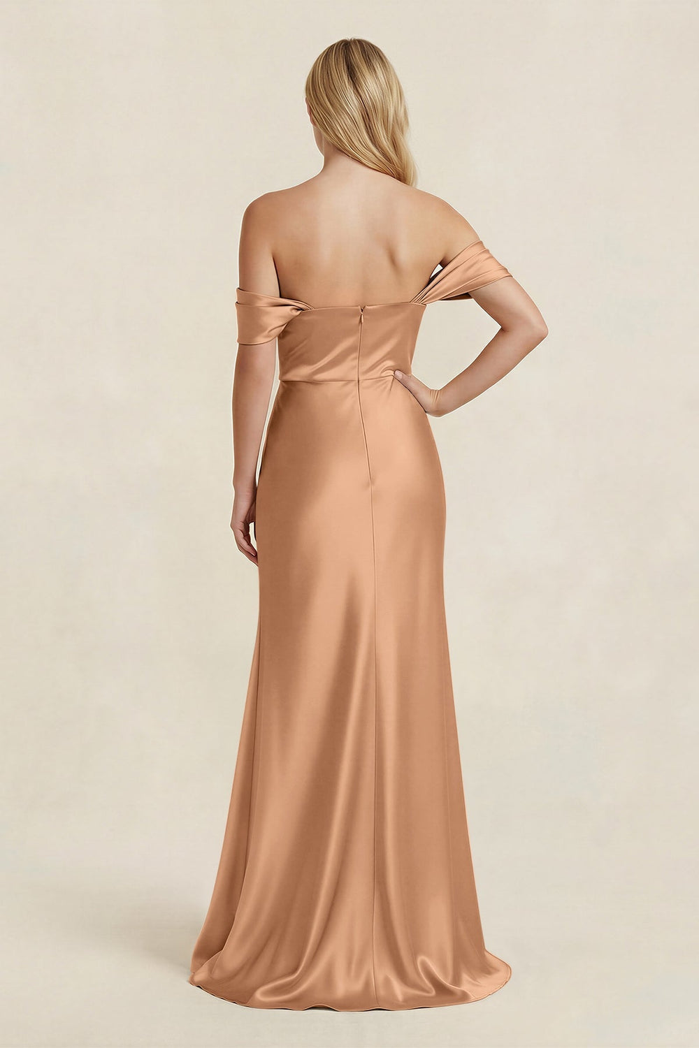 Off - the - Shoulder Sheath Satin Bridesmaid Dress with Slit in Bronzer - KISS BRIDAL Bridesmaid Dresses