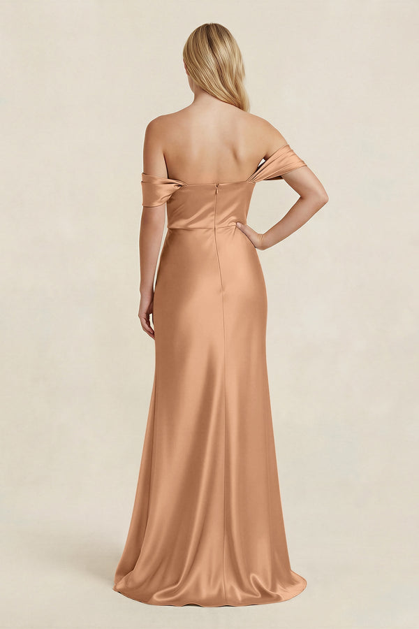 Off - the - Shoulder Sheath Satin Bridesmaid Dress with Slit in Bronzer - KISS BRIDAL Bridesmaid Dresses