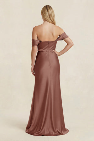 Off - the - Shoulder Sheath Satin Bridesmaid Dress with Slit in Brown - KISS BRIDAL Bridesmaid Dresses