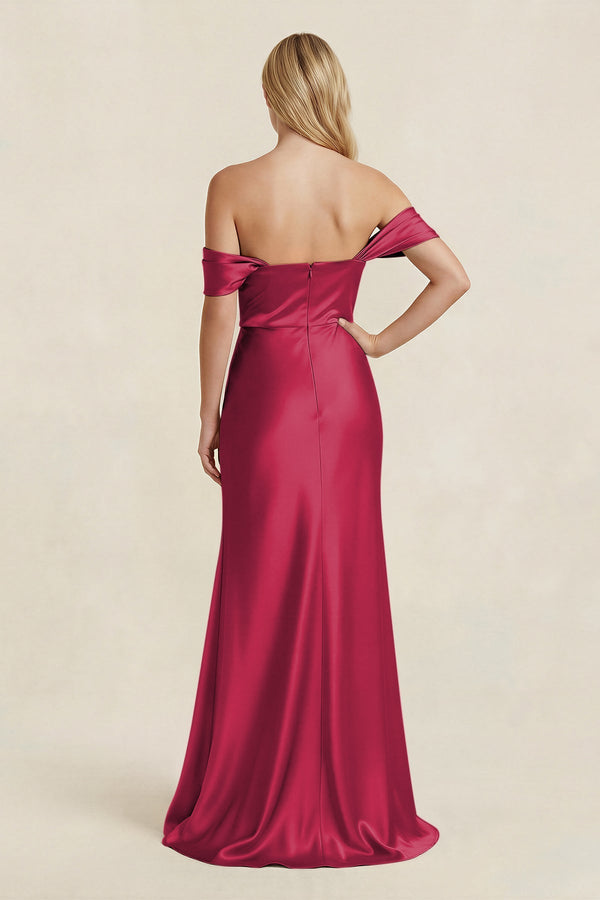 Off - the - Shoulder Sheath Satin Bridesmaid Dress with Slit in Burgundy - KISS BRIDAL Bridesmaid Dresses