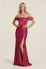 Off - the - Shoulder Sheath Satin Bridesmaid Dress with Slit in Burgundy - KISS BRIDAL Bridesmaid Dresses