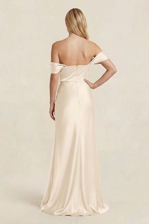 Off - the - Shoulder Sheath Satin Bridesmaid Dress with Slit in Buttercream - KISS BRIDAL Bridesmaid Dresses