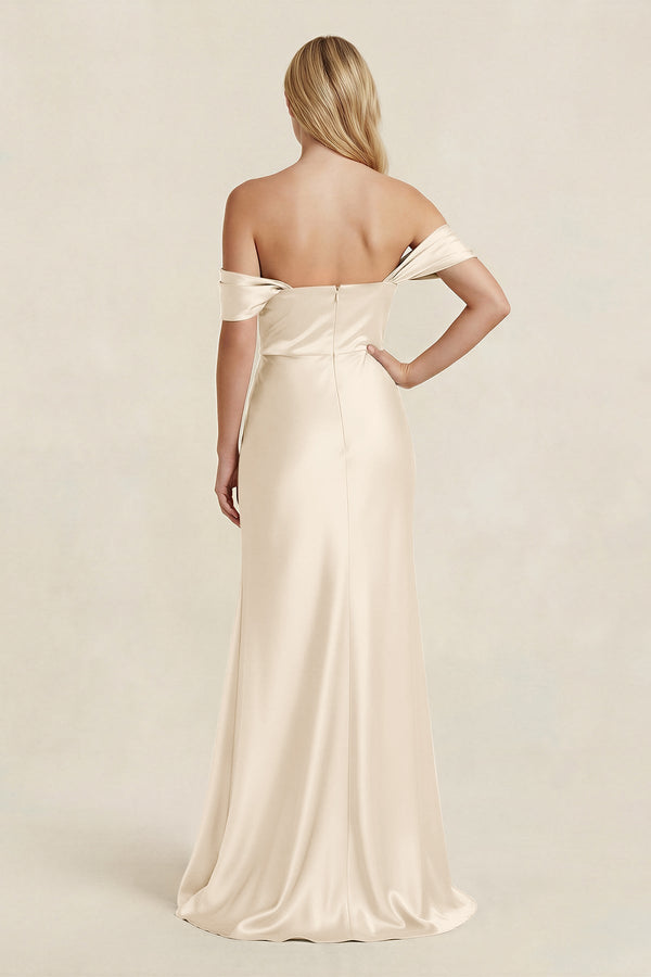 Off - the - Shoulder Sheath Satin Bridesmaid Dress with Slit in Buttercream - KISS BRIDAL Bridesmaid Dresses