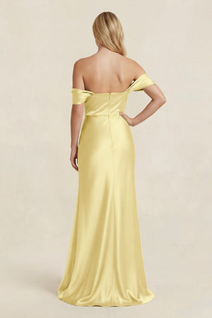 Off - the - Shoulder Sheath Satin Bridesmaid Dress with Slit in Buttercup - KISS BRIDAL Bridesmaid Dresses