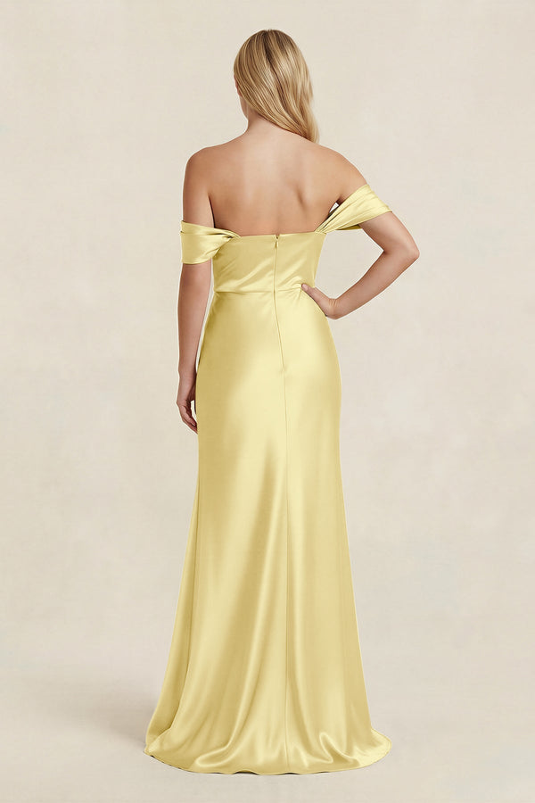 Off - the - Shoulder Sheath Satin Bridesmaid Dress with Slit in Buttercup - KISS BRIDAL Bridesmaid Dresses