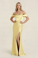 Off - the - Shoulder Sheath Satin Bridesmaid Dress with Slit in Buttercup - KISS BRIDAL Bridesmaid Dresses