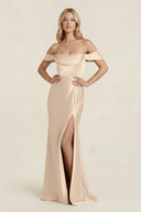 Off - the - Shoulder Sheath Satin Bridesmaid Dress with Slit in Champagne - KISS BRIDAL Bridesmaid Dresses