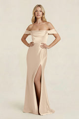 Off - the - Shoulder Sheath Satin Bridesmaid Dress with Slit in Champagne - KISS BRIDAL Bridesmaid Dresses