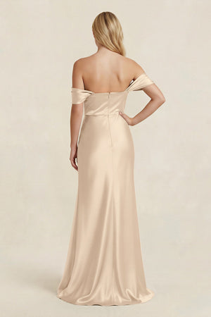 Off - the - Shoulder Sheath Satin Bridesmaid Dress with Slit in Champagne - KISS BRIDAL Bridesmaid Dresses