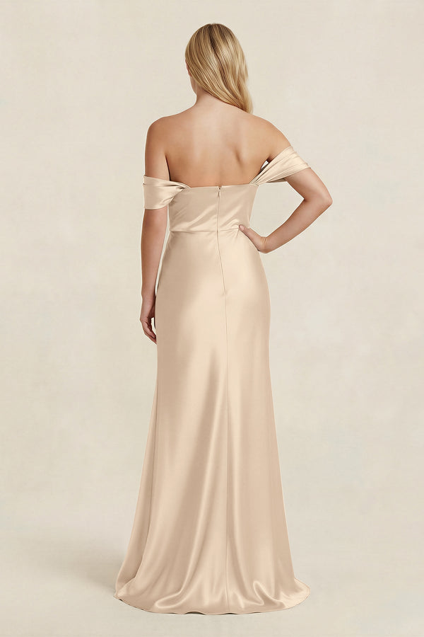 Off - the - Shoulder Sheath Satin Bridesmaid Dress with Slit in Champagne - KISS BRIDAL Bridesmaid Dresses