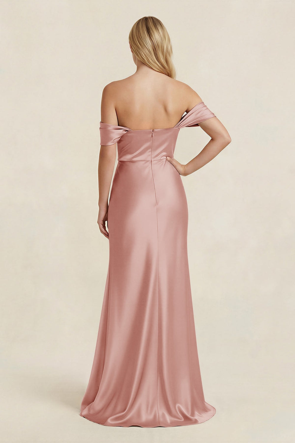 Off - the - Shoulder Sheath Satin Bridesmaid Dress with Slit in Champagne Rose - KISS BRIDAL Bridesmaid Dresses