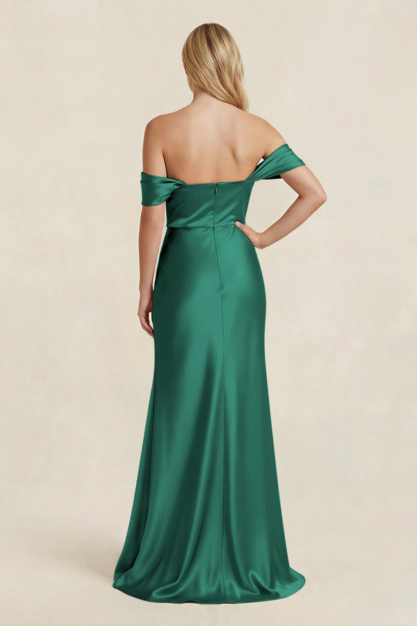 Off - the - Shoulder Sheath Satin Bridesmaid Dress with Slit in Dark Green - KISS BRIDAL Bridesmaid Dresses