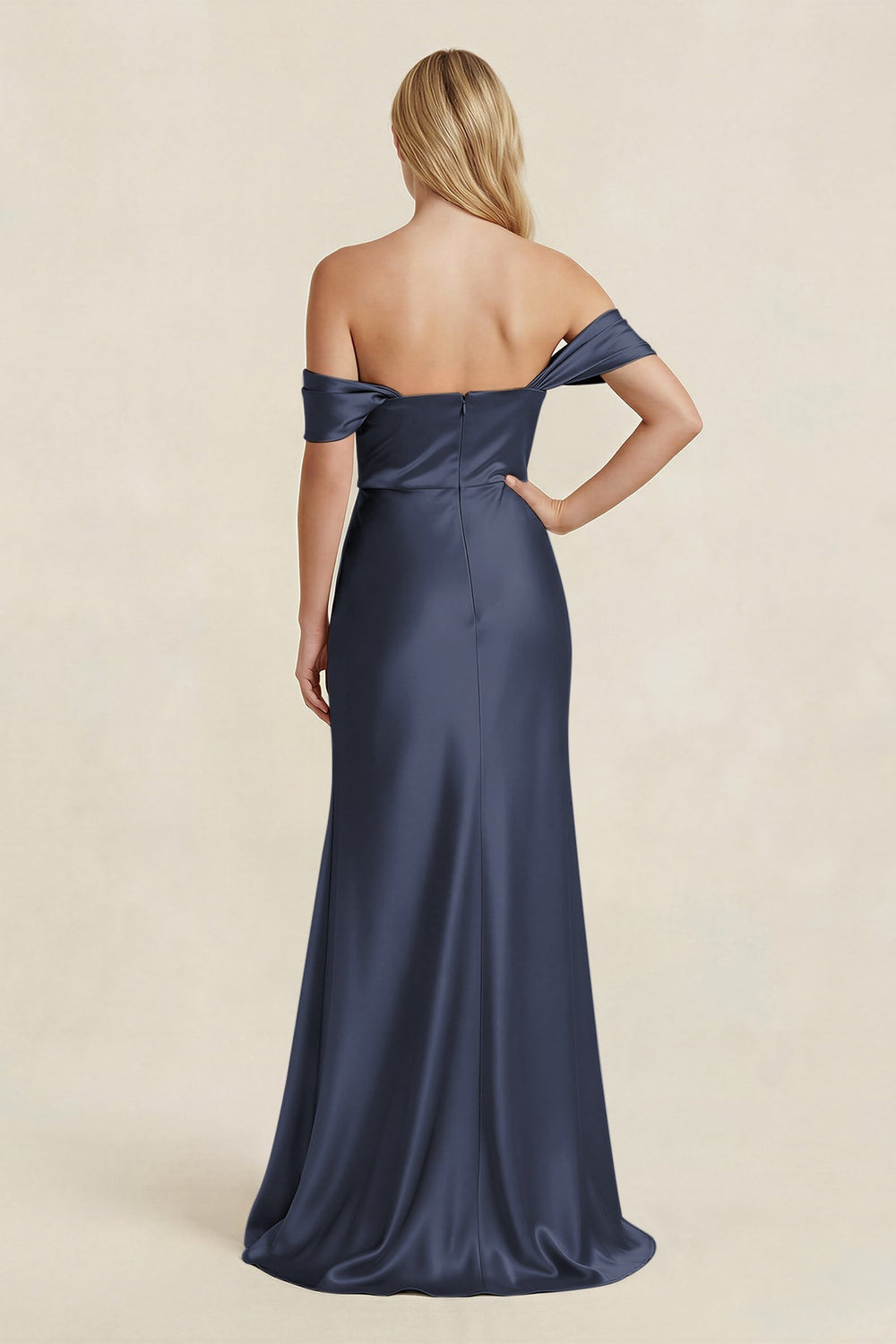Off - the - Shoulder Sheath Satin Bridesmaid Dress with Slit in Dark Navy - KISS BRIDAL Bridesmaid Dresses