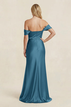 Off - the - Shoulder Sheath Satin Bridesmaid Dress with Slit in Dark Teal - KISS BRIDAL Bridesmaid Dresses