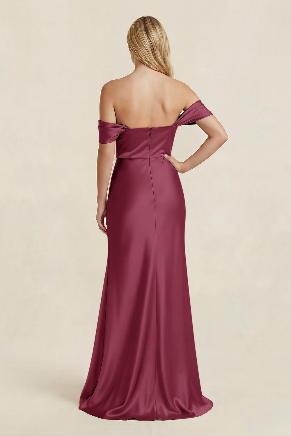 Off - the - Shoulder Sheath Satin Bridesmaid Dress with Slit in Desert Rose - KISS BRIDAL Bridesmaid Dresses