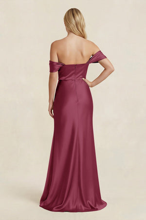 Off - the - Shoulder Sheath Satin Bridesmaid Dress with Slit in Desert Rose - KISS BRIDAL Bridesmaid Dresses