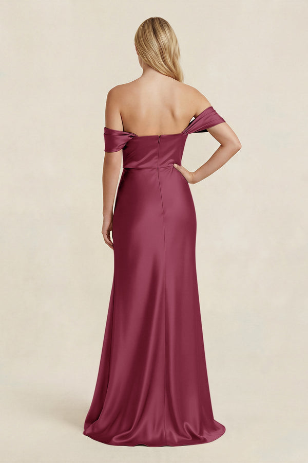Off - the - Shoulder Sheath Satin Bridesmaid Dress with Slit in Desert Rose - KISS BRIDAL Bridesmaid Dresses