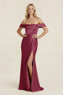 Off - the - Shoulder Sheath Satin Bridesmaid Dress with Slit in Desert Rose - KISS BRIDAL Bridesmaid Dresses