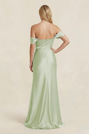 Off - the - Shoulder Sheath Satin Bridesmaid Dress with Slit in Dusty Sage - KISS BRIDAL Bridesmaid Dresses