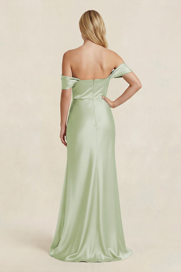 Off - the - Shoulder Sheath Satin Bridesmaid Dress with Slit in Dusty Sage - KISS BRIDAL Bridesmaid Dresses