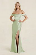 Off - the - Shoulder Sheath Satin Bridesmaid Dress with Slit in Dusty Sage - KISS BRIDAL Bridesmaid Dresses