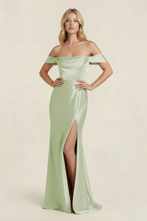 Off - the - Shoulder Sheath Satin Bridesmaid Dress with Slit in Dusty Sage - KISS BRIDAL Bridesmaid Dresses