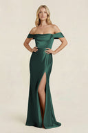 Off - the - Shoulder Sheath Satin Bridesmaid Dress with Slit in Emerald - KISS BRIDAL Bridesmaid Dresses