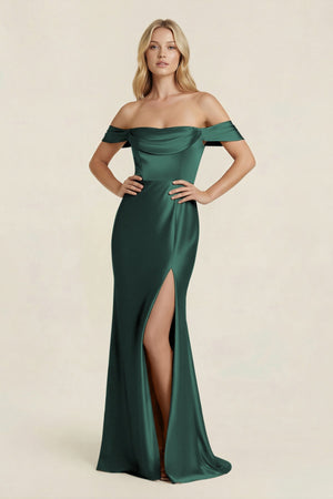 Off - the - Shoulder Sheath Satin Bridesmaid Dress with Slit in Emerald - KISS BRIDAL Bridesmaid Dresses