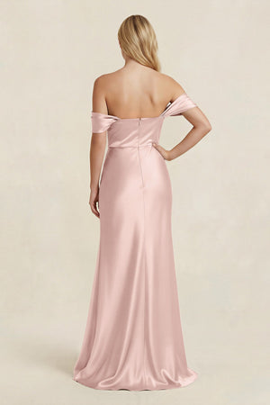 Off - the - Shoulder Sheath Satin Bridesmaid Dress with Slit in English Rose - KISS BRIDAL Bridesmaid Dresses