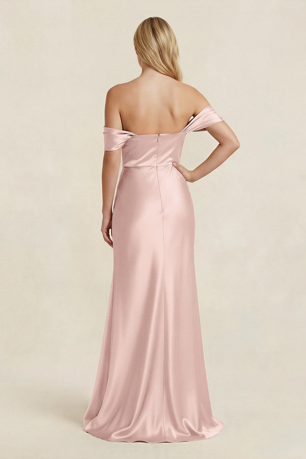 Off - the - Shoulder Sheath Satin Bridesmaid Dress with Slit in English Rose - KISS BRIDAL Bridesmaid Dresses
