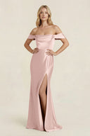 Off - the - Shoulder Sheath Satin Bridesmaid Dress with Slit in English Rose - KISS BRIDAL Bridesmaid Dresses