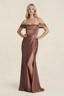 Off - the - Shoulder Sheath Satin Bridesmaid Dress with Slit in Espresso - KISS BRIDAL Bridesmaid Dresses