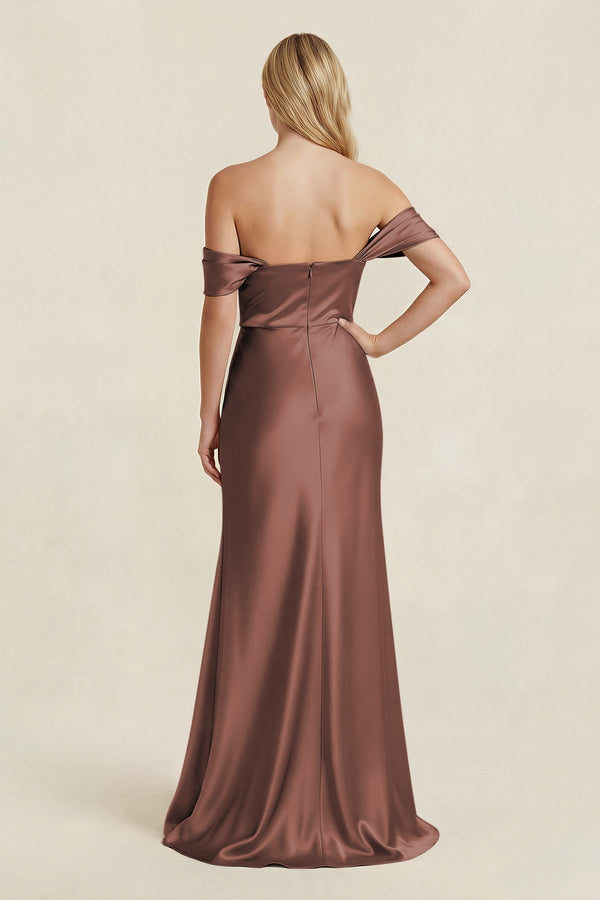 Off - the - Shoulder Sheath Satin Bridesmaid Dress with Slit in Espresso - KISS BRIDAL Bridesmaid Dresses