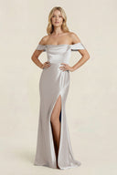 Off - the - Shoulder Sheath Satin Bridesmaid Dress with Slit in Frost - KISS BRIDAL Bridesmaid Dresses