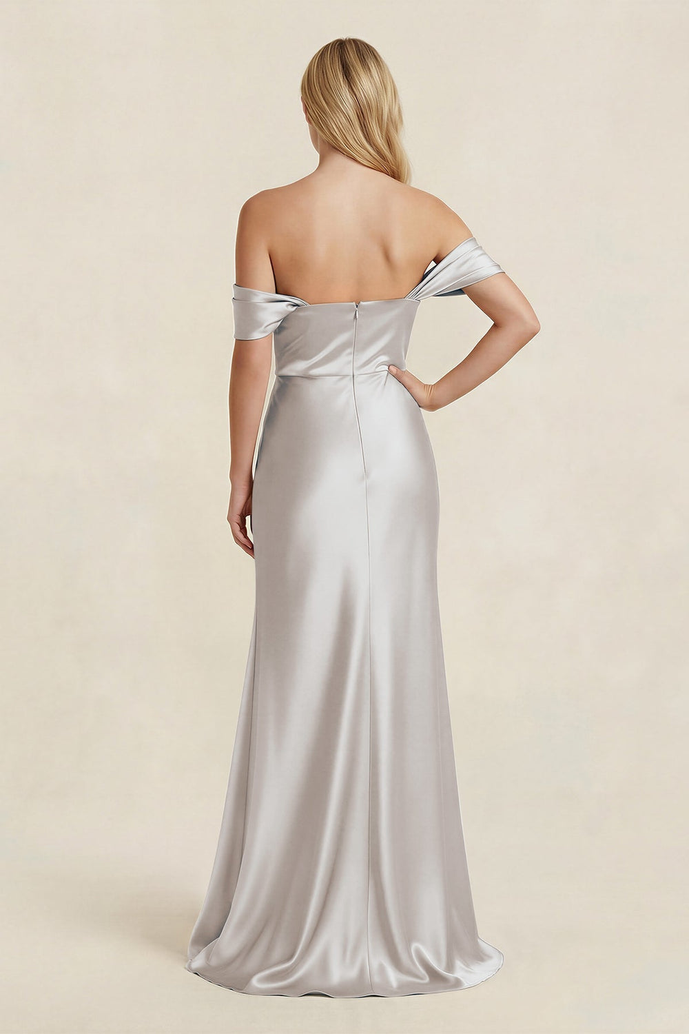 Off - the - Shoulder Sheath Satin Bridesmaid Dress with Slit in Frost - KISS BRIDAL Bridesmaid Dresses