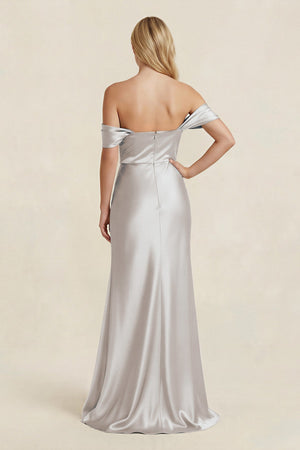 Off - the - Shoulder Sheath Satin Bridesmaid Dress with Slit in Frost - KISS BRIDAL Bridesmaid Dresses