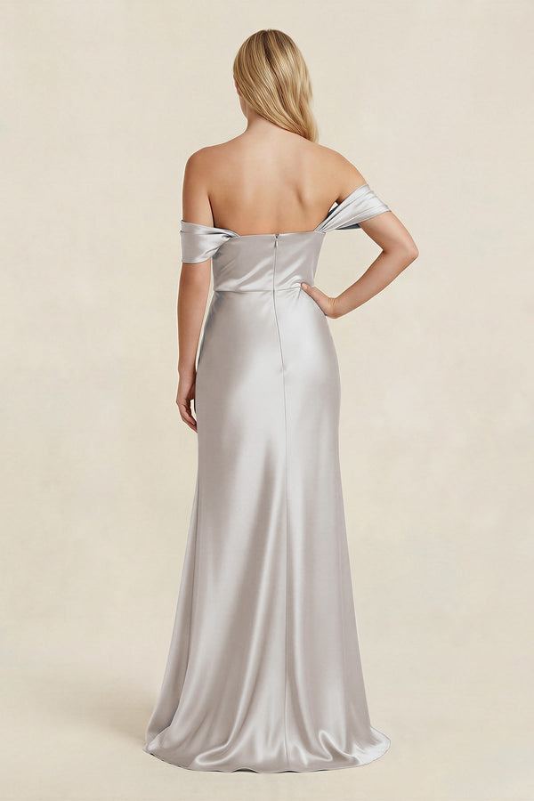 Off - the - Shoulder Sheath Satin Bridesmaid Dress with Slit in Frost - KISS BRIDAL Bridesmaid Dresses