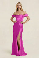 Off - the - Shoulder Sheath Satin Bridesmaid Dress with Slit in Fuchsia - KISS BRIDAL Bridesmaid Dresses