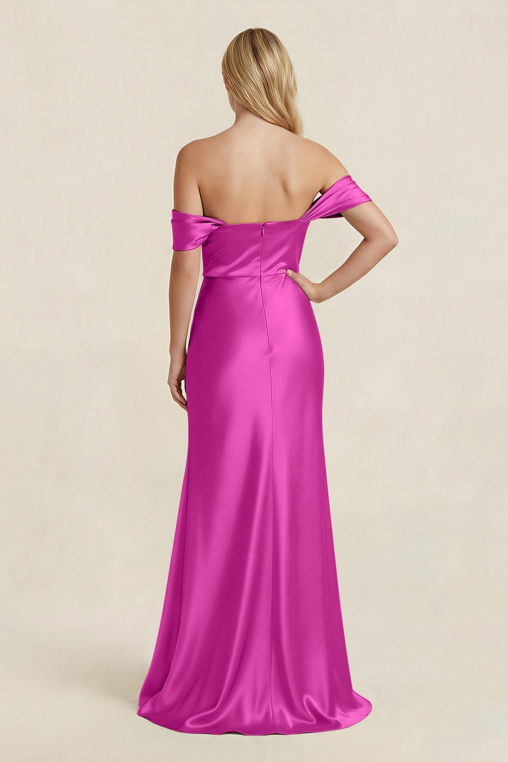 Off - the - Shoulder Sheath Satin Bridesmaid Dress with Slit in Fuchsia - KISS BRIDAL Bridesmaid Dresses
