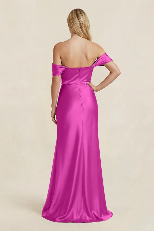 Off - the - Shoulder Sheath Satin Bridesmaid Dress with Slit in Fuchsia - KISS BRIDAL Bridesmaid Dresses