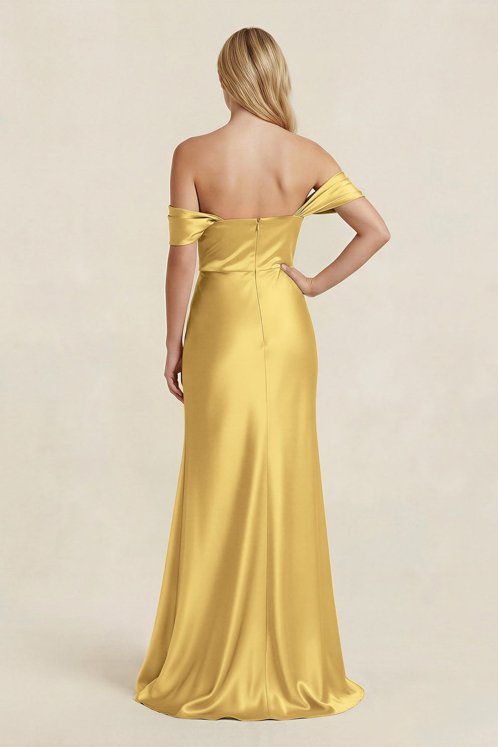 Off - the - Shoulder Sheath Satin Bridesmaid Dress with Slit in Gold - KISS BRIDAL Bridesmaid Dresses
