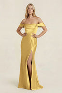 Off - the - Shoulder Sheath Satin Bridesmaid Dress with Slit in Gold - KISS BRIDAL Bridesmaid Dresses