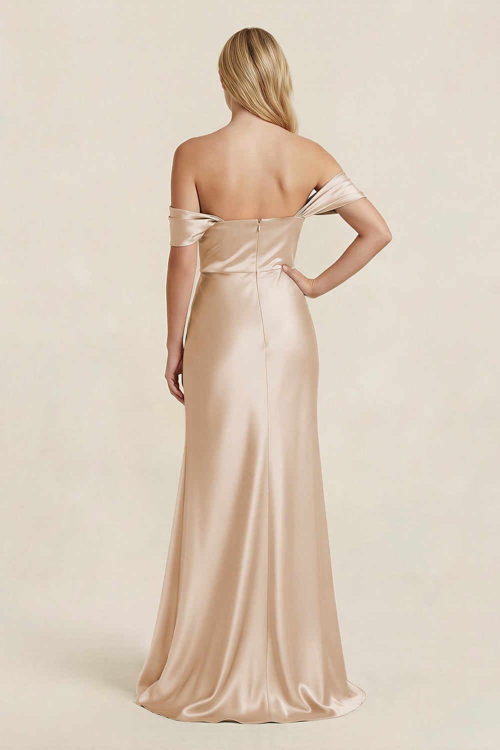 Off-the-Shoulder Sheath Satin Bridesmaid Dress with Slit in Golden Champagne - SHE IS ME BRIDESMAID DRESSES