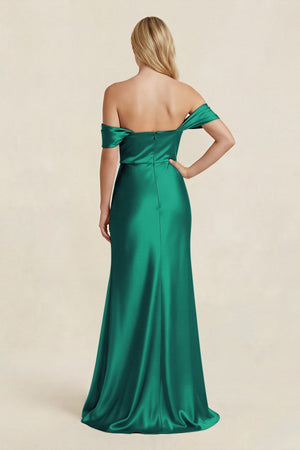 Off - the - Shoulder Sheath Satin Bridesmaid Dress with Slit in Green - KISS BRIDAL Bridesmaid Dresses