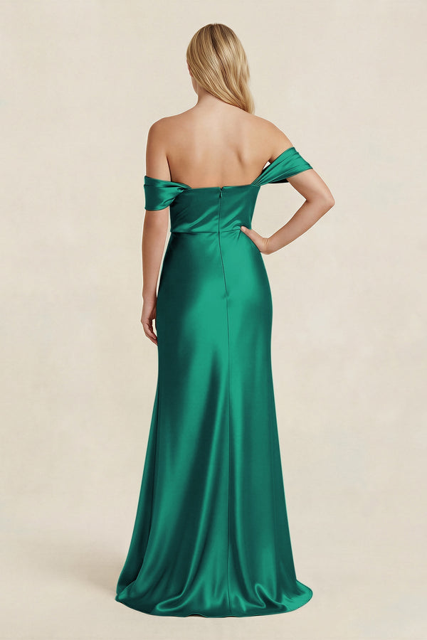 Off - the - Shoulder Sheath Satin Bridesmaid Dress with Slit in Green - KISS BRIDAL Bridesmaid Dresses