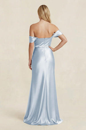Off - the - Shoulder Sheath Satin Bridesmaid Dress with Slit in Ice - KISS BRIDAL Bridesmaid Dresses