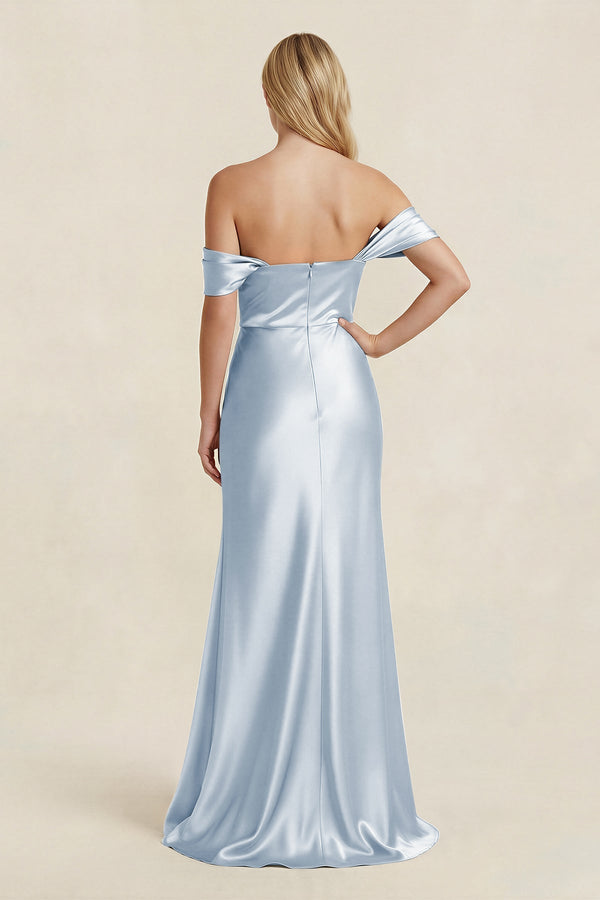 Off - the - Shoulder Sheath Satin Bridesmaid Dress with Slit in Ice - KISS BRIDAL Bridesmaid Dresses