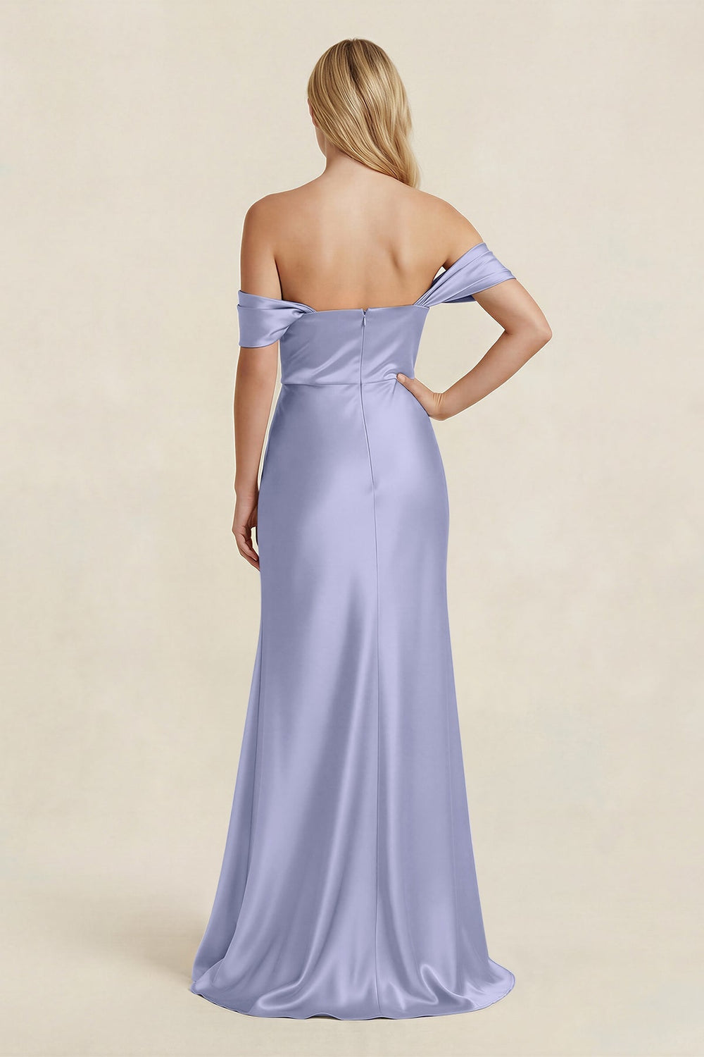 Off - the - Shoulder Sheath Satin Bridesmaid Dress with Slit in Lavender - KISS BRIDAL Bridesmaid Dresses