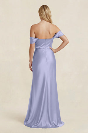 Off - the - Shoulder Sheath Satin Bridesmaid Dress with Slit in Lavender - KISS BRIDAL Bridesmaid Dresses