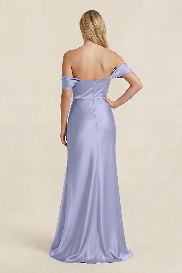 Off - the - Shoulder Sheath Satin Bridesmaid Dress with Slit in Lavender - KISS BRIDAL Bridesmaid Dresses